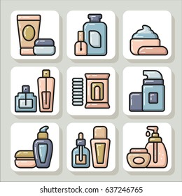 Set of beauty cosmetic tubes, bottles, jars icons. Vector Isolated flat colorful illustration.