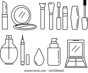 Set of Beauty and Cosmetic Vector Line Icons. Contains Icons Lipstick, powder, Mascara, beauty blender and more. Editable Stroke.