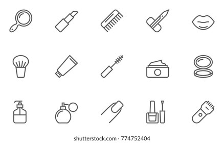 Set of Beauty and Cosmetic Vector Line Icons. Contains Icons Lipstick, Powder, Mascara, Comb and more. Editable Stroke. 48x48 Pixel Perfect.