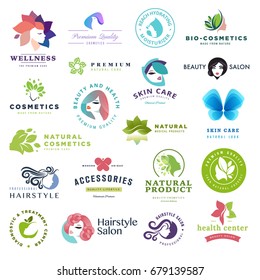 Set of beauty and cosmetics concept icons. Flat design vector illustration for cosmetics, healthcare, natural and organic products, wellness and spa, beauty and health center.