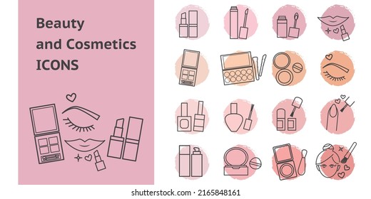 Set Beauty   Cosmetics icons  Cosmetic products line icons collection  Lips  Eye shadows  Neils   Face cosmetics graphic elements  Vector illustration 