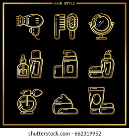 Set of beauty cosmetics icons drawn in gold lines on a black background. Vector illustration for use on booklets, brochures, flyers, business beauty salons and hairdressers.