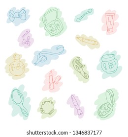 Set of beauty and cosmetics items on a white background. Drawn elements.