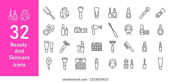 Set of beauty and cosmetics line icons. Cosmetics line icons set. Lipstick, mascara, lipstick, cream, eyelash curler, eyeliner. Vector illustration