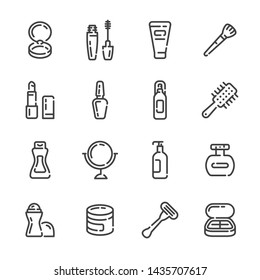 Set of beauty cosmetics and makeup outline icons. Vector illustration.