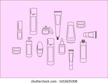 Set of beauty cosmetics outline icons. Skincare cosmetic line icon set. Vector illustration
