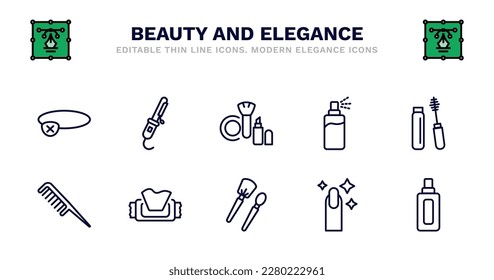 set of beauty and elegance thin line icons. beauty and elegance outline icons such as curler, make up, hair spray, mascara, inclined comb, inclined comb, wet wipes, makeup brush, finger with nail,