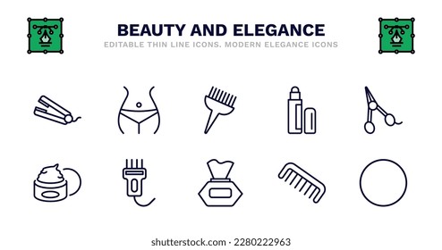 set of beauty and elegance thin line icons. beauty and elegance outline icons such as women waist, tint brush, concealer, hair scissors, facial cream, facial cream, hair clipper, wipes, comb,