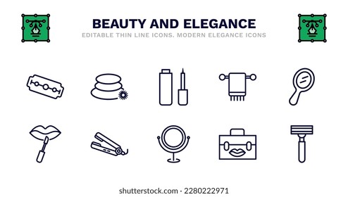 set of beauty and elegance thin line icons. beauty and elegance outline icons such as massage, eyeliner, folded towel, hand mirror, lip gloss, lip gloss, flat iron, makeup mirror, big makeup box,