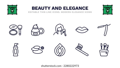 set of beauty and elegance thin line icons. beauty and elegance outline icons such as moisturizer, women makeup, lips, straight razor, face cleanser, face cleanser, three stones, hair sample,