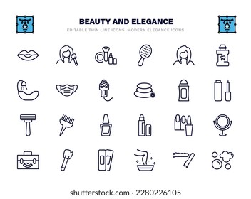 set of beauty and elegance thin line icons. beauty and elegance outline icons such as woman lips, make up, woman face, face mask, deodorant, tint brush, manicure, inclined makeup brush, pedicure,