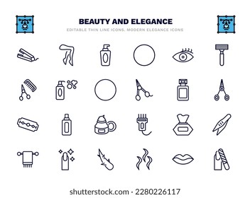 set of beauty and elegance thin line icons. beauty and elegance outline icons such as hair straightener, liquid makeup, woman eye, shampoo bottle, french perfume, inclined bottle, wipes, finger with