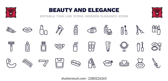 set of beauty and elegance thin line icons. beauty and elegance outline icons such as hair straightener, inclined lipstick, woman eye, manicure, french perfume, patches, hair washer sink, big scale,