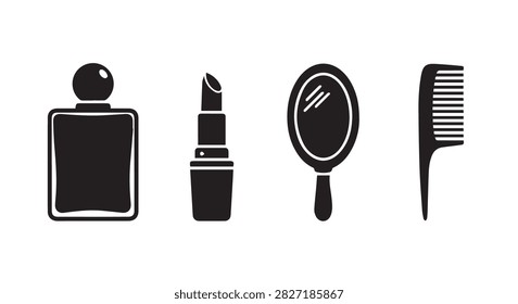 A set of beauty essentials featuring perfume, lipstick, mirror, and comb, ideal for personal grooming and daily beauty routines.