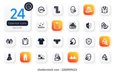 Set of Beauty flat icons. Health skin, Uv protection and Shirt elements for web application. Pants, Collagen skin, Sun cream icons. Bra, Cream, Uv protection elements. Wash hands, Shoes, Suit. Vector