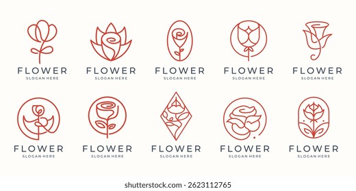 Set of beauty flower rose line style logo icon vector illustration.