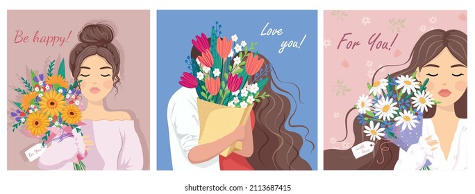 Set of Beauty, gift, love hug concept. Young woman girl cartoon hiding behind the bouquet of flowers tulips on blue and pink background. womens day present illustration. March 8 Valentine's Day