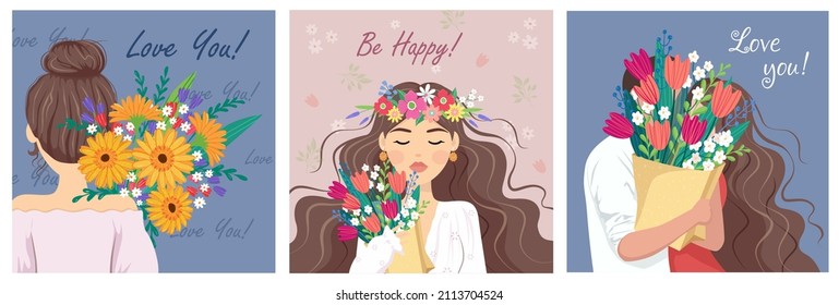 Set of Beauty, gift, love hug concept. Young woman girl cartoon hiding behind the bouquet of flowers gerbera on blue and pink background. womens day present illustration. March 8 Valentine's Day