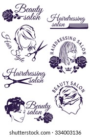 Set of beauty and hairdressing salon purple round badges isolated on white background. Collection of elements for company logos, print products, page and web decor. Vector illustration.