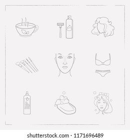 Set of beauty icons line style symbols with herbal tea, rhinoplasty, hair conditioner and other icons for your web mobile app logo design.