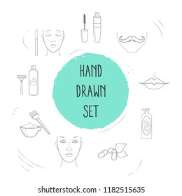 Set of beauty icons line style symbols with face surgery, shaving cream, shampoo and other icons for your web mobile app logo design.