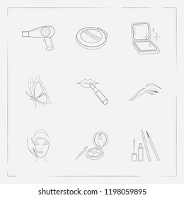 Set of beauty icons line style symbols with eyebrow plucking, bronzer, face powder and other icons for your web mobile app logo design.