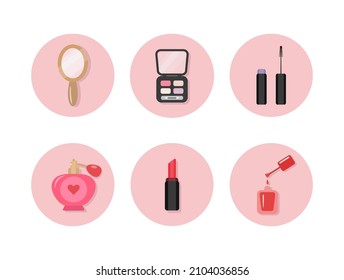 set of beauty icons in pink circle. cosmetics items. vector flat illustration of beauty and care concept. perfume, nail polish and decorative cosmetics for the face
