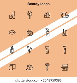 Set of beauty icons showcasing various cosmetics and personal care products perfect for health and beauty themes.