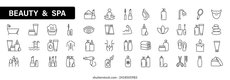 Juego de iconos de belleza. Colección de iconos lineales de belleza y spa. Ilustración vectorial.