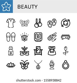 Set of beauty icons. Such as Flower, Blouse, Butterfly, Rings, Slippers, Metabolism, Lotus, Mask, Serum, Sunglasses, Vitamins, Eye mask, Mirror, Dress, Rose, Lotus flower , beauty icons
