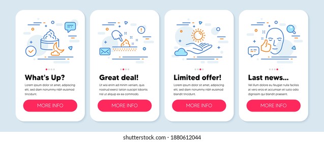 Set of Beauty icons, such as Night cream, Sun protection, Skin moisture symbols. Mobile screen banners. Healthy face line icons. Face lotion, Ultraviolet care, Wet cream. Healthy cosmetics. Vector