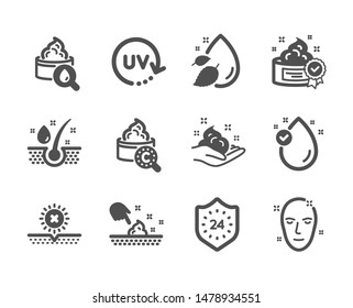 Set of Beauty icons, such as No sun, Skin moisture, Skin care, Vitamin e, Serum oil, Uv protection, Moisturizing cream, Water drop, 24 hours, Cream classic icons. Uv protect, Oil drop. Vector