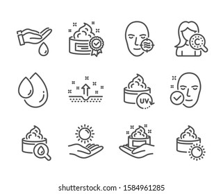 Set of Beauty icons, such as Problem skin, Health skin, Sun protection, Wash hands, Sun cream, Oil drop, Cream, Uv protection line icons. Facial care, Clean face. Problem skin icon. Vector