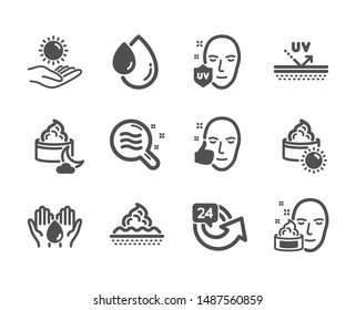 Set Of Beauty Icons, Such As Skin Condition, Skin Care, 24 Hours, Uv Protection, Uv Protection, Wash Hands, Face Cream, Oil Drop, Sun Cream, Healthy Face Classic Icons. Skin Condition Icon. Vector