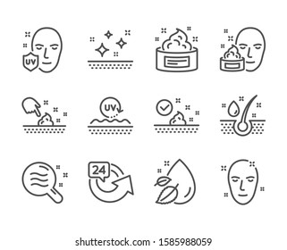 Set Of Beauty Icons, Such As Skin Condition, Water Drop, Serum Oil, Uv Protection, 24 Hours, Uv Protection, Clean Skin, Face Cream Line Icons. Search Magnifier, Serum Oil. Skin Condition Icon. Vector