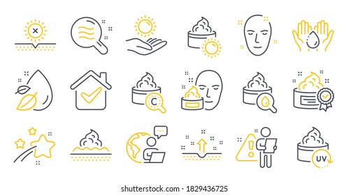 Set of Beauty icons, such as Skin condition, Skin care, No sun symbols. Uv protection, Cream, Face cream signs. Sun protection, Wash hands, Water drop line icons. Line icons set. Vector