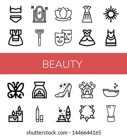 Set of beauty icons such as Underwear, Dress, Full length mirror, Razor blade, Lotus, Masks, Mirror, Butterfly, Candles, Aromatherapy, Eyeliner, High heels, Feather, Incense burner , beauty