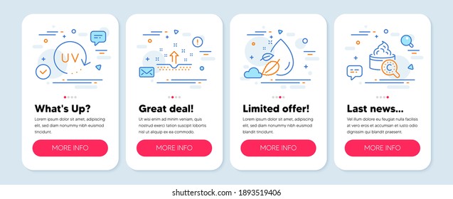 Set of Beauty icons, such as Uv protection, Water drop, Clean skin symbols. Mobile screen app banners. Collagen skin line icons. Serum oil, Cosmetics. Uv protection icons. Vector
