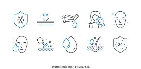 Set of Beauty icons, such as Wash hands, Collagen skin, Clean skin, Serum oil, Oil drop, Uv protection, Healthy face, 24 hours line icons. Cold protect, Healthy hairs. Line wash hands icon. Vector