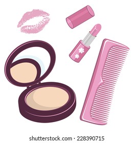 Set for beauty including compact powder, comb and lipstick in violet tone isolated on white background. Vector Illustration 