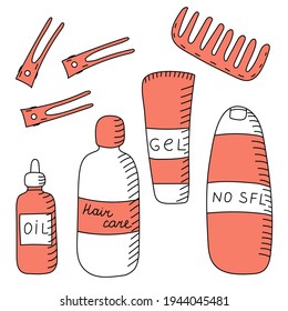 Un conjunto de objetos de belleza en estilo doodle. Ilustración vectorial colorida con el concepto de cuidado capilar diario. Perfecto para artículos sobre belleza, como íconos para redes sociales o en un sitio web