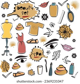 Set of Beauty Items Objects Elements Icons with Spa, Fashion Doodles in Various Colors - Vector Design Illustration from Hand Drawn Artwork - Dress Make-up Nature Pleasure Collection 