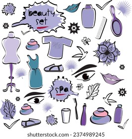 Set of Beauty Items Objects Elements Icons with Spa, Fashion Doodles in Various Colors - Vector Design Illustration from Hand Drawn Artwork - Dress Make-up Nature Pleasure Collection 