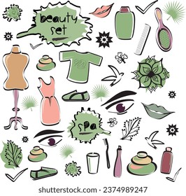 Set of Beauty Items Objects Elements Icons with Spa, Fashion Doodles in Various Colors - Vector Design Illustration from Hand Drawn Artwork - Dress Make-up Nature Pleasure Collection 