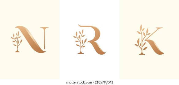 set beauty letter n,r,and k initial floral logo design