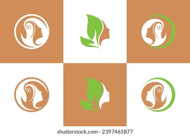 set of beauty logo design with head women and leaf creative concept