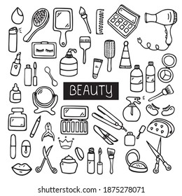 Set of  beauty, makeup, cosmetic doodles. . Hand drawn vector illustration isolated on white background.