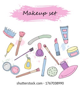 Set of beauty, makeup, cosmetic items. Vector hand drawn illustrations isolated. Pastel colored design elements. Women care. Beauty product