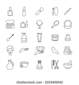 Set of beauty and makeup icons. White background. Thin line contour symbols.