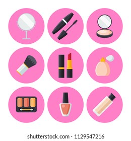 Set of Beauty and Makeup items flat icons isolated on pink background. Collection of brush, Mirror, Eye shadow, perfume, Foundation, Powder, Nail polish, Mascara, Lipstick vector illustration